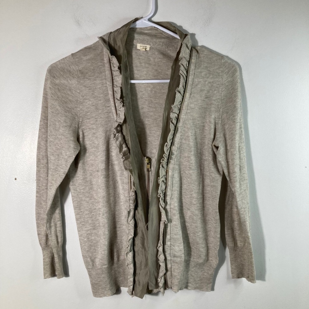 Womens J Crew Zip Front Cardigan Silk Ruffle Detail‎ Pima Cotton Wool Silk Tan M